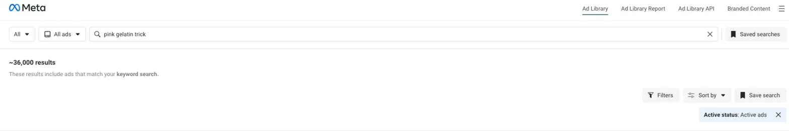 Meta Ad Library showing 36,000 results for one offer angle