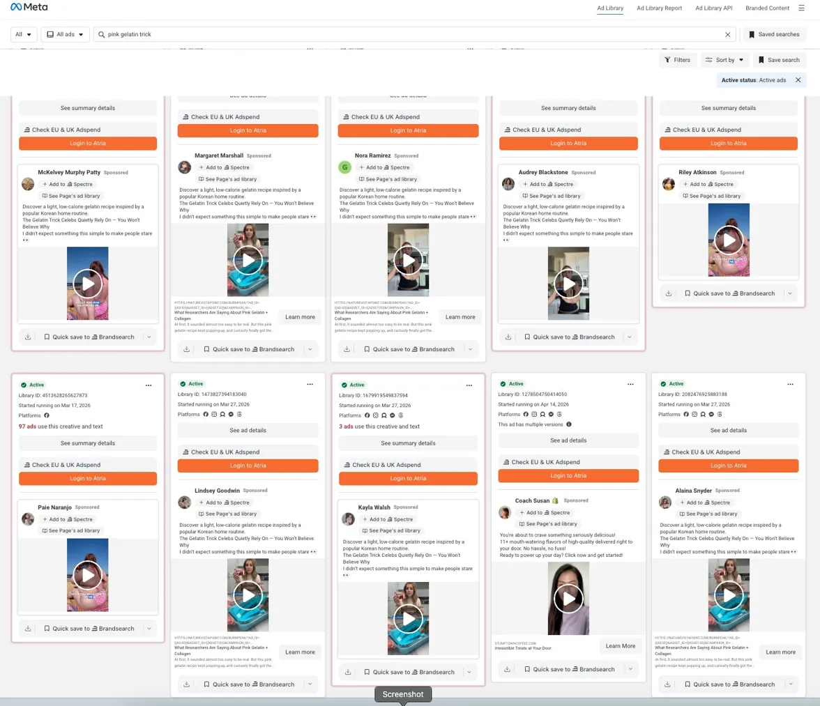 Meta Ad Library grid showing identical ads across dozens of affiliate pages