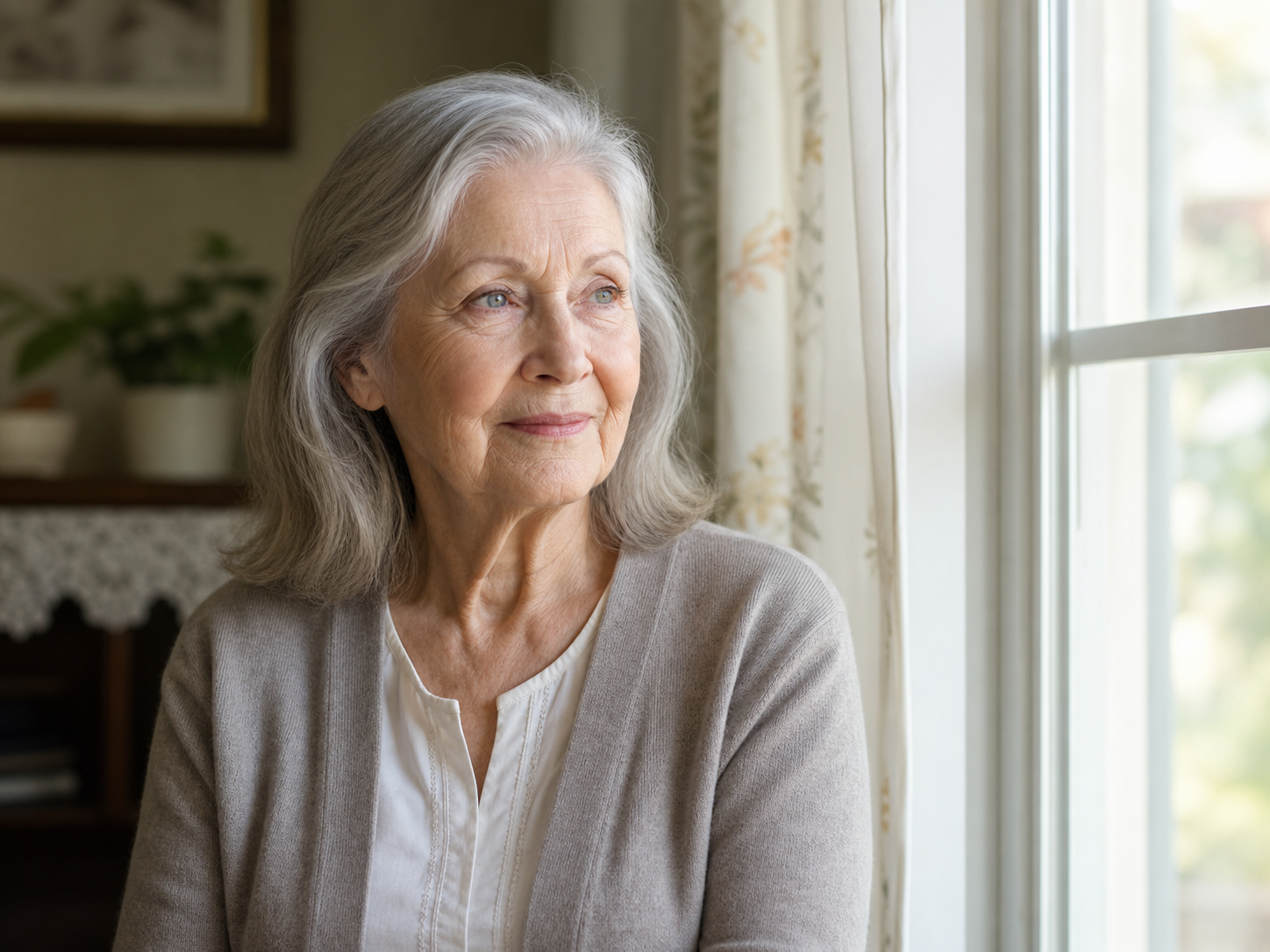 An elderly woman sitting quietly near a window