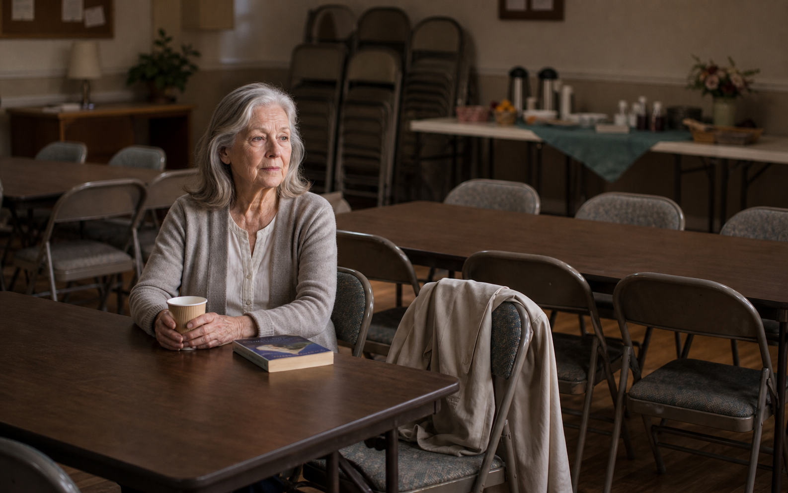 A woman sitting alone, looking away