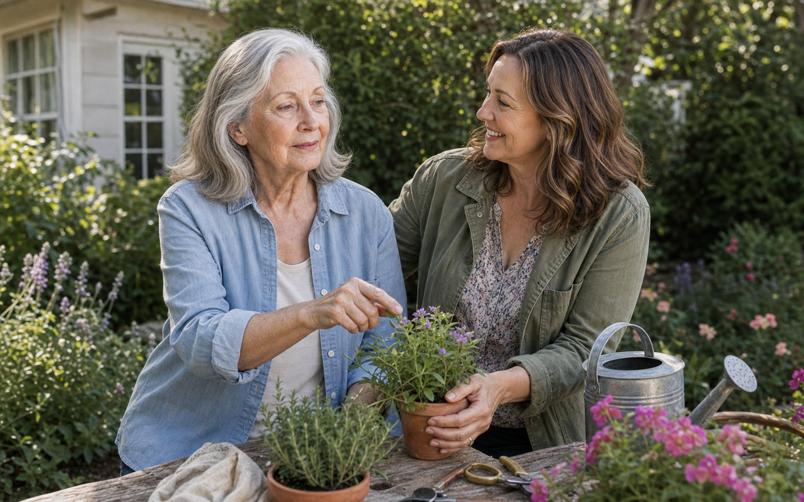 A mother and daughter together in a garden