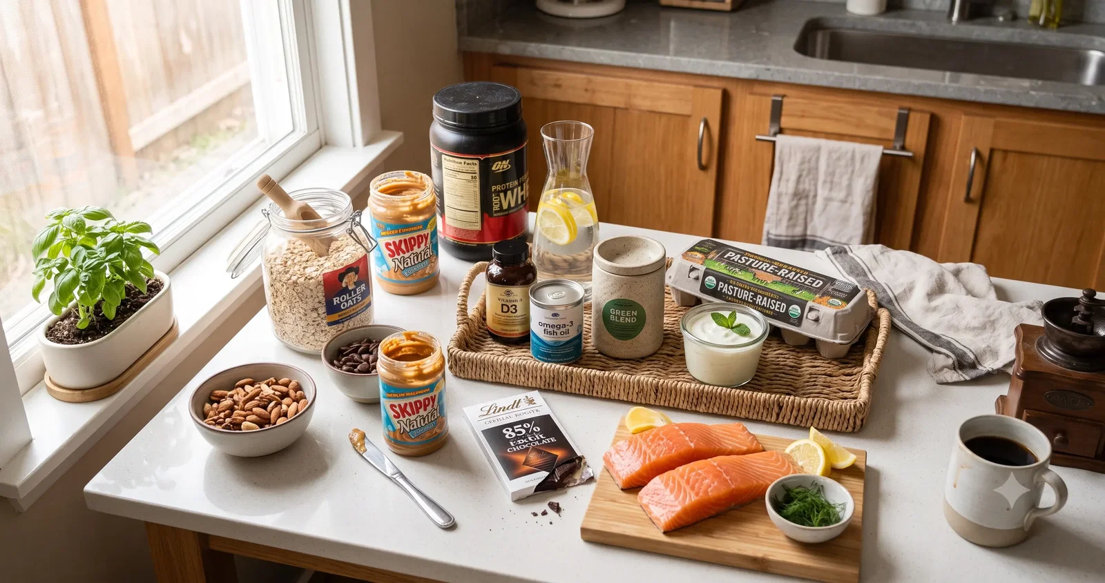 Organized kitchen counter with supplements and fresh food