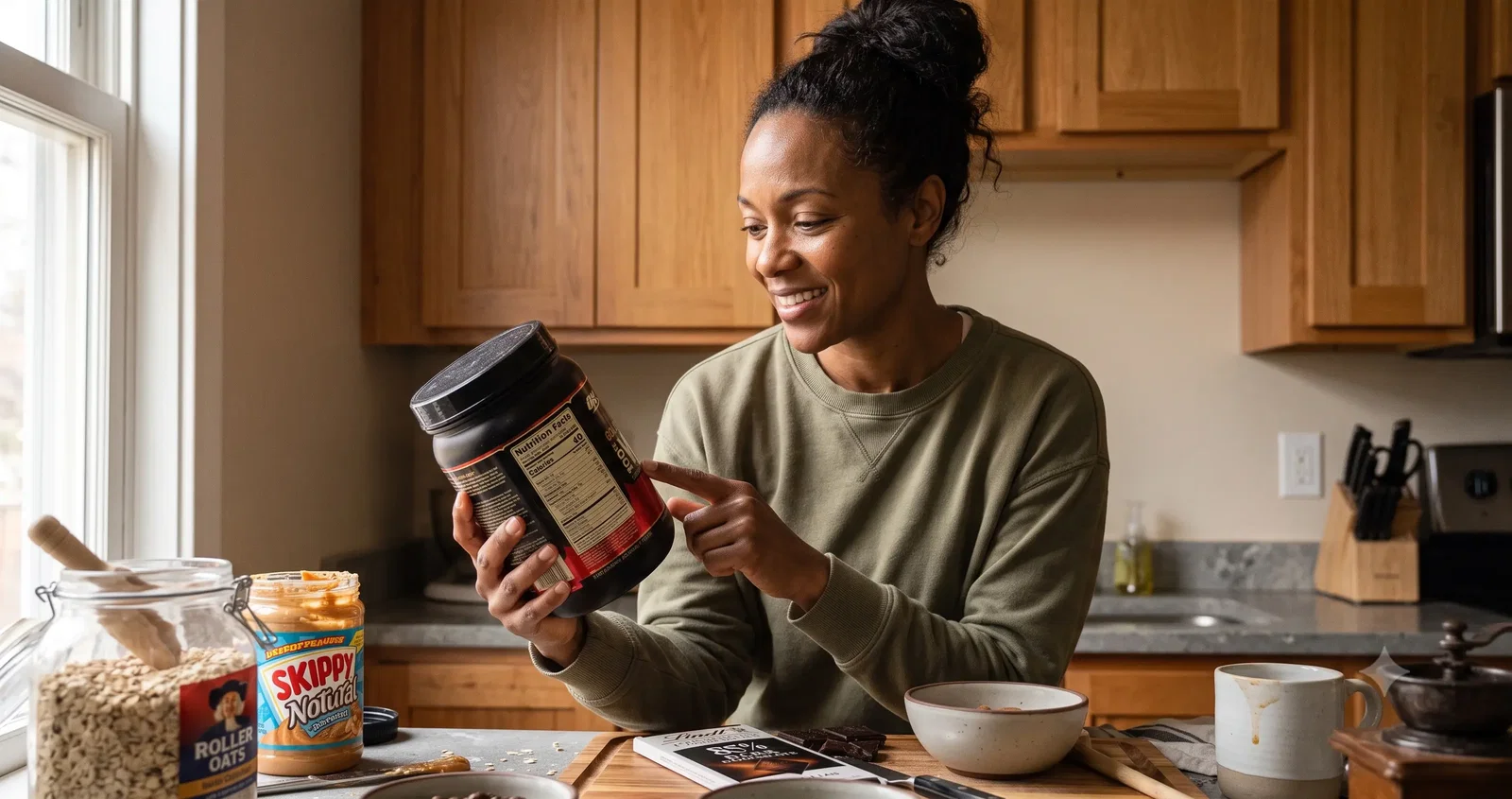 Person reading a nutrition label