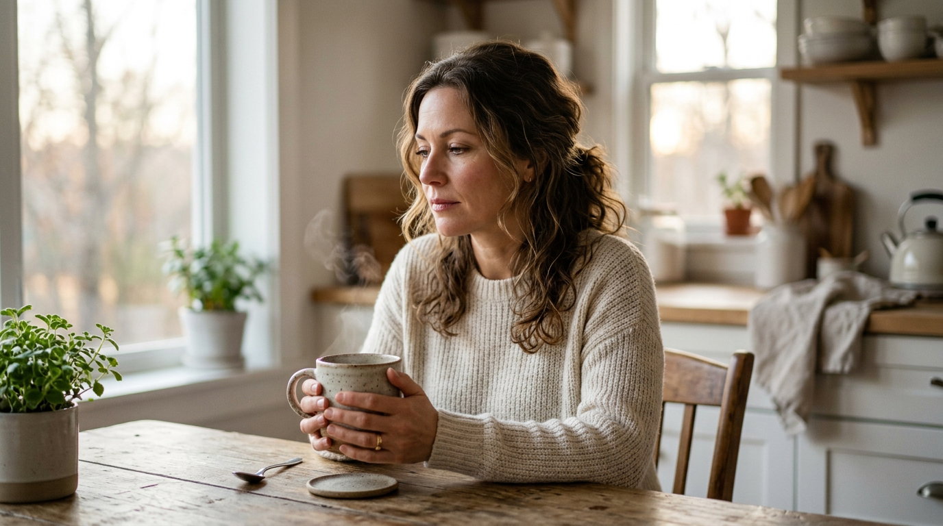 Woman standing thoughtfully in her kitchen