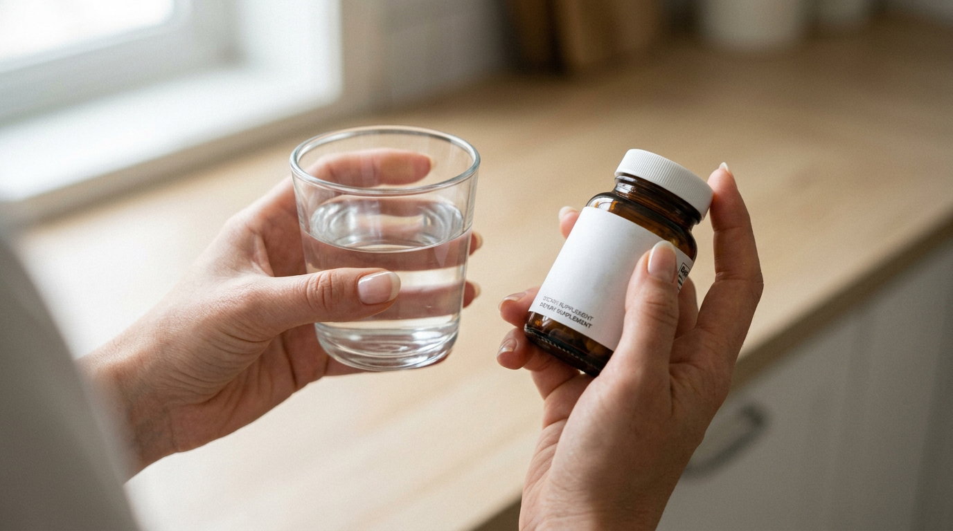 Close-up of two hands holding a supplement bottle