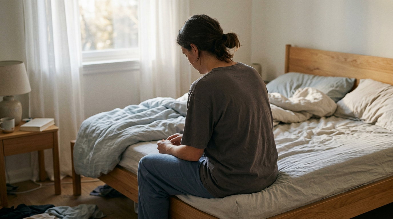Person sitting on the edge of an unmade bed
