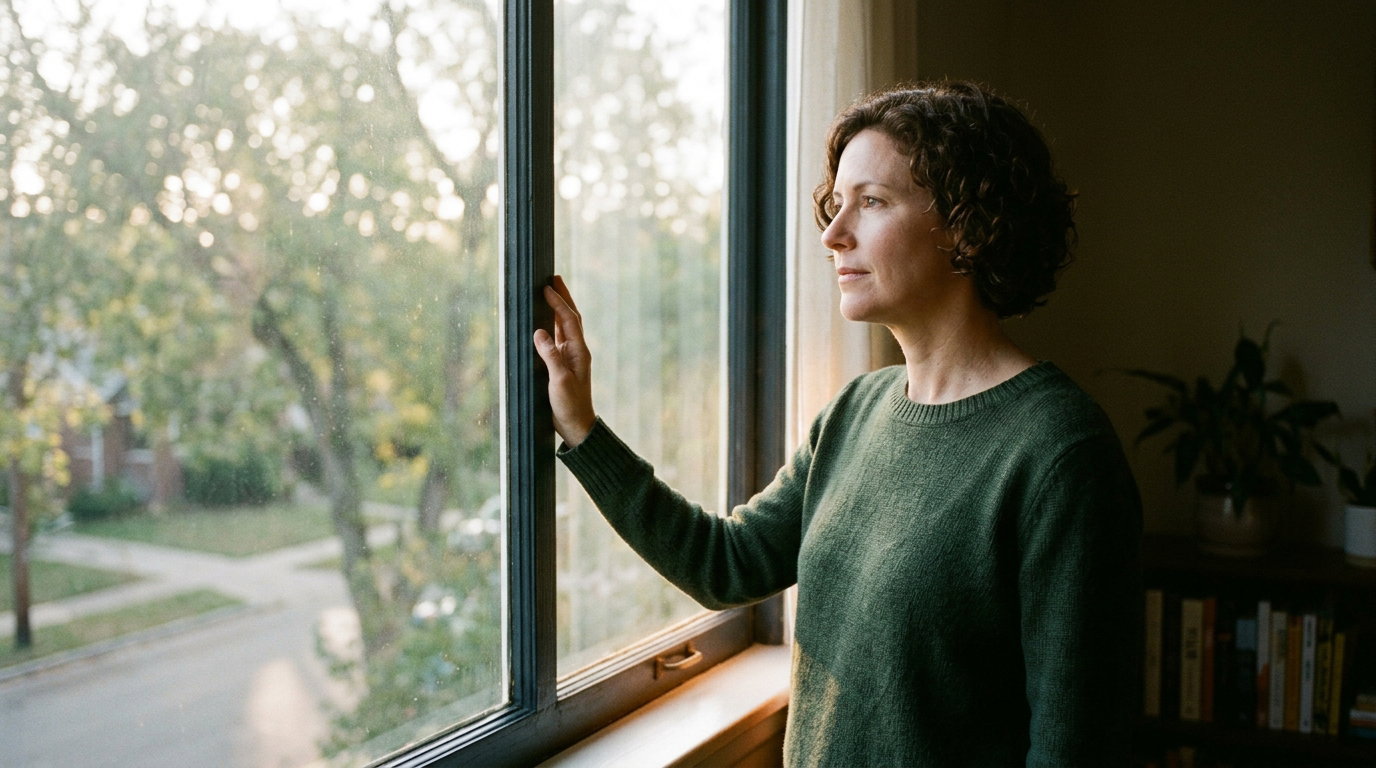 Person at a window, calm and reflective