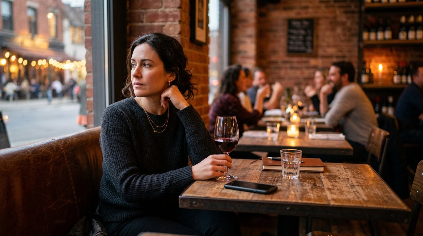 Woman sitting alone at a restaurant table