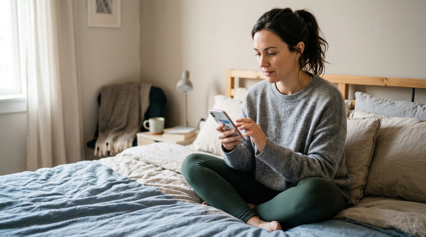 Woman sitting on bed looking at phone
