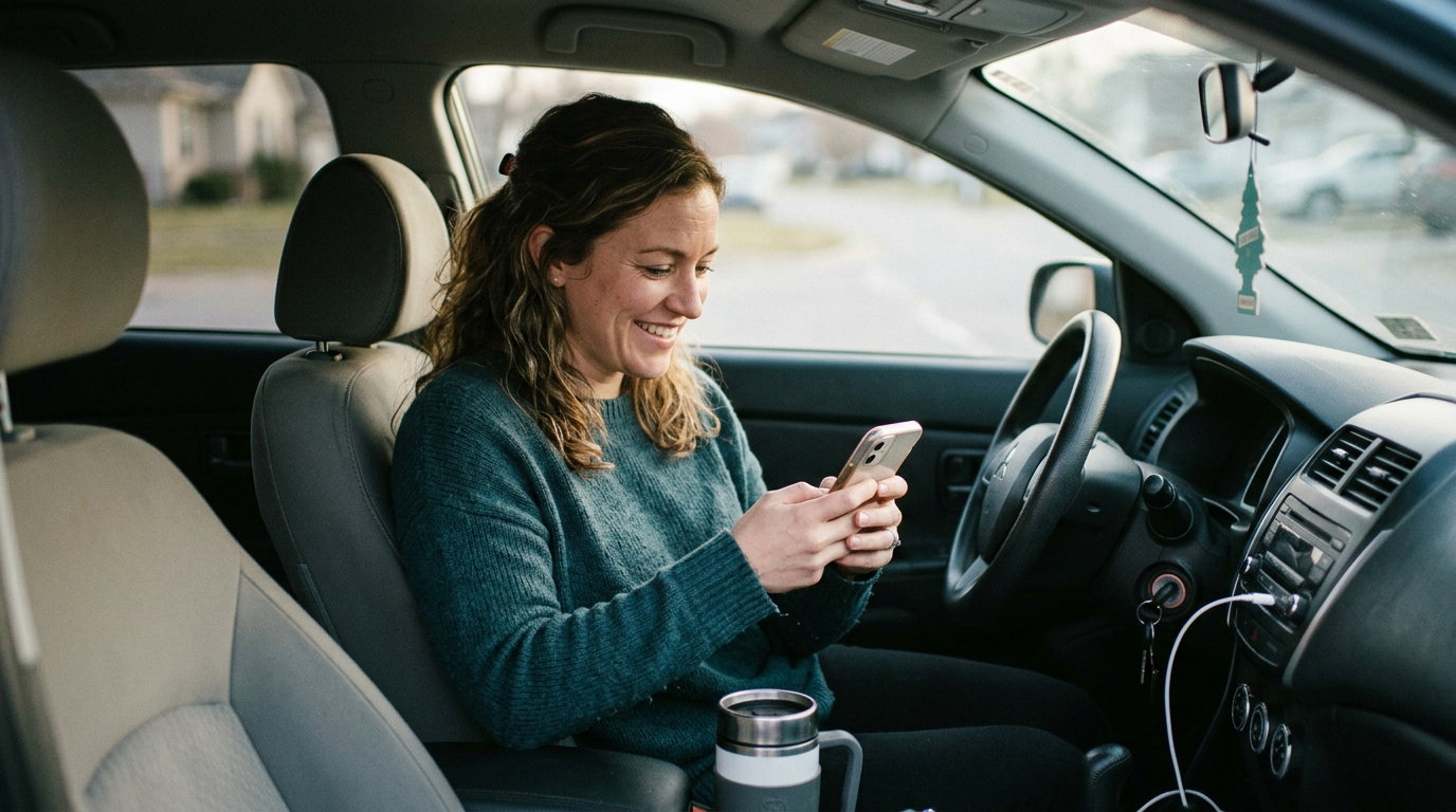 Woman smiling at her phone