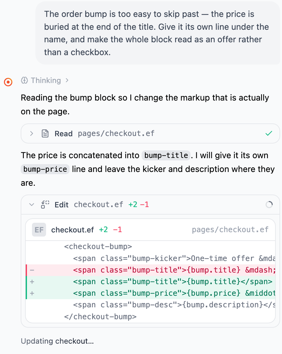 The AI agent panel inside the page builder, mid-run: a request to restructure an order bump, the agent reading the page and applying an edit with a live diff