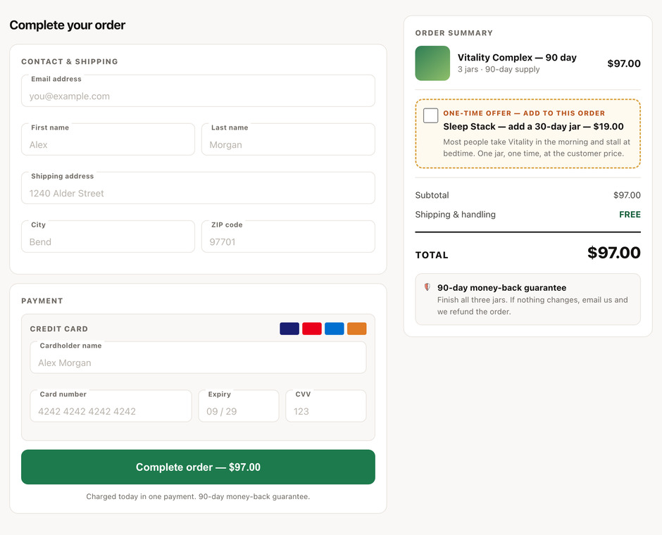 A hosted checkout order summary with a one-time order bump, subtotal, free shipping, and total