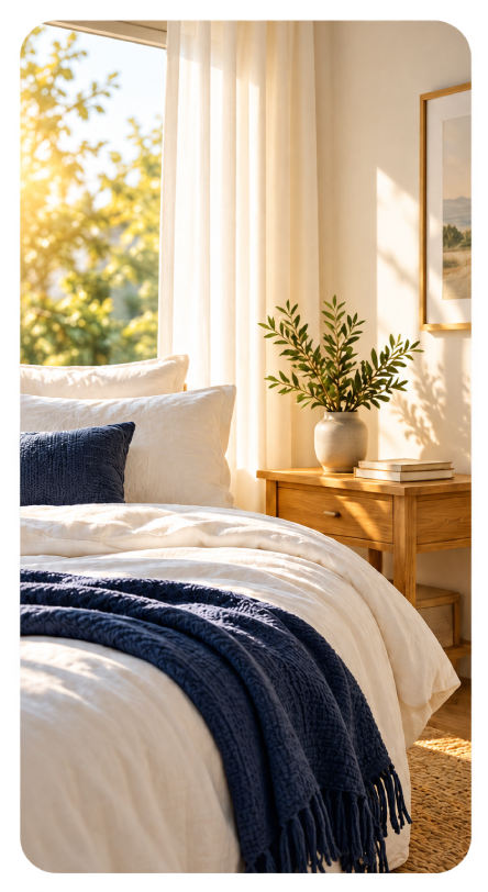 Bright peaceful bedroom in morning sunlight