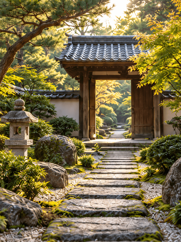 Sunlit path leading to a Japanese garden gate