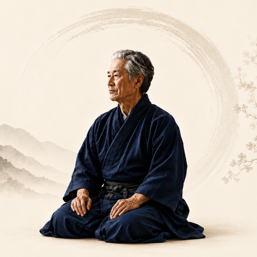 Aging samurai seated beside a traditional tea setting