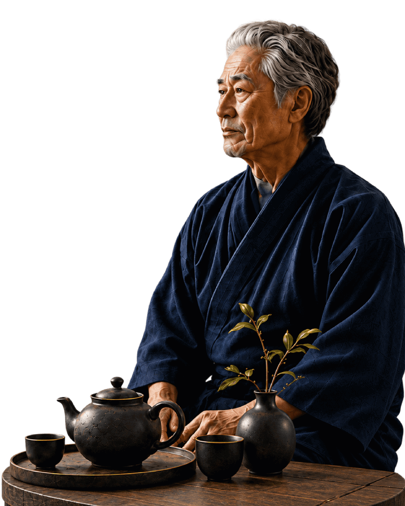 Aging samurai seated beside a traditional tea setting