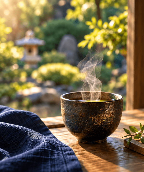 Hot tea in a peaceful garden setting