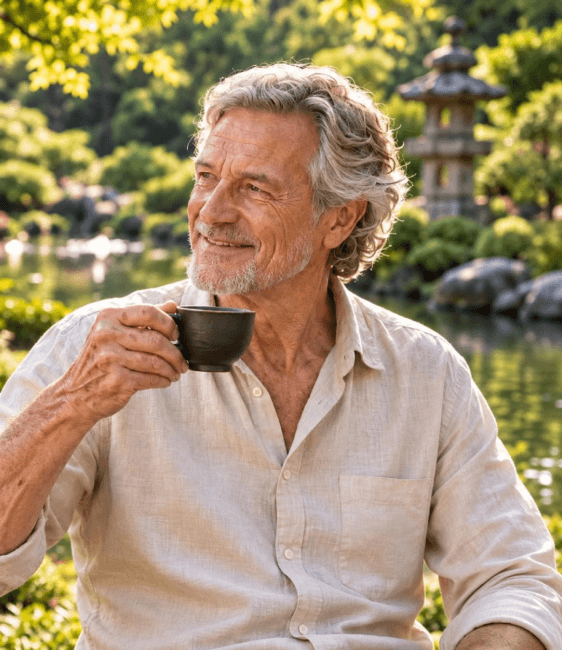 Man enjoying tea beside a tranquil garden pond