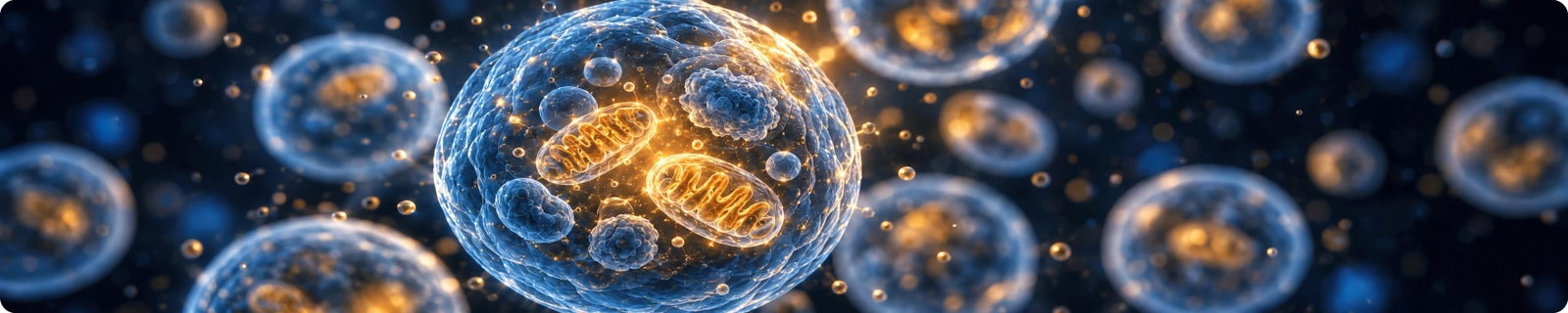 Illustration of glowing mitochondria inside a cell