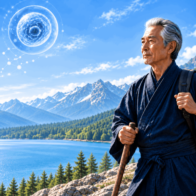 Man in nature with a cellular illustration above him
