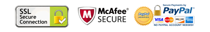 SSL Secure Connection, McAfee Secure and PayPal verified secure payment badges
