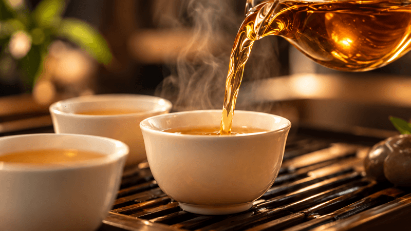 Golden tea being poured into teacups