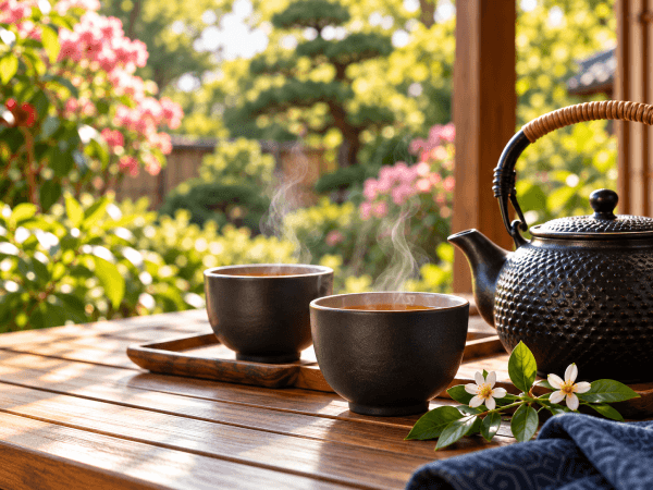 Tea cups and teapot on a sunny garden patio