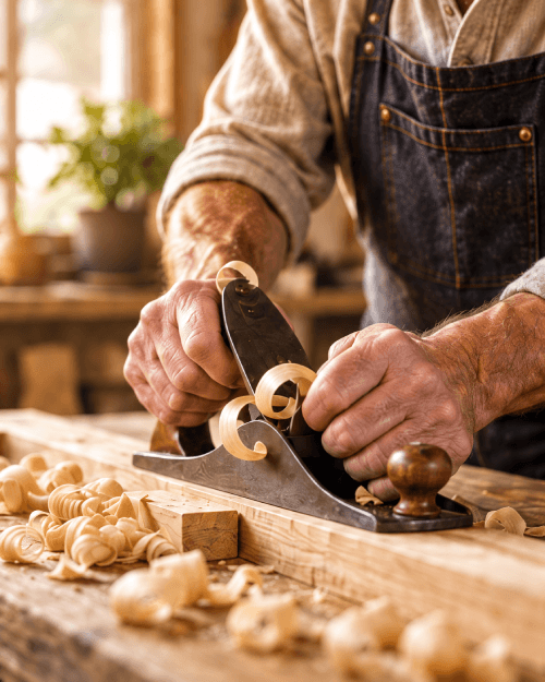 Hands woodworking with a hand plane