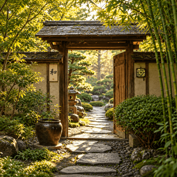 Sunlit Japanese garden gate and path