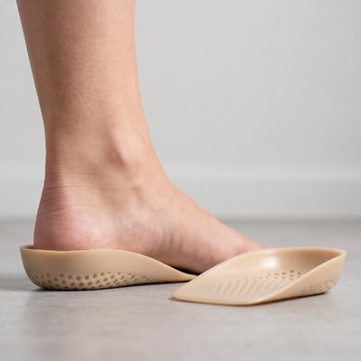 A heel resting in a beige gel heel cup
