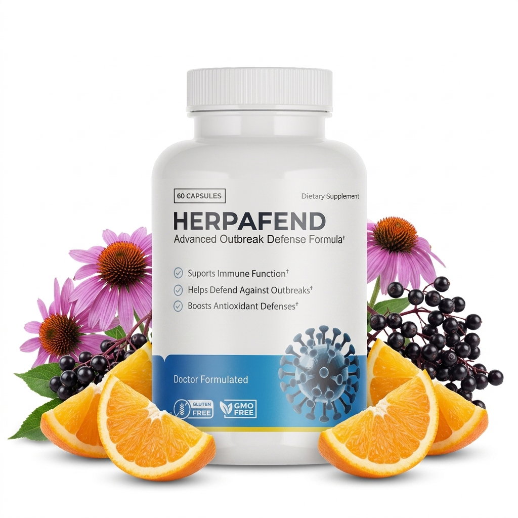 A bottle of Herpafend daily immune-support formula